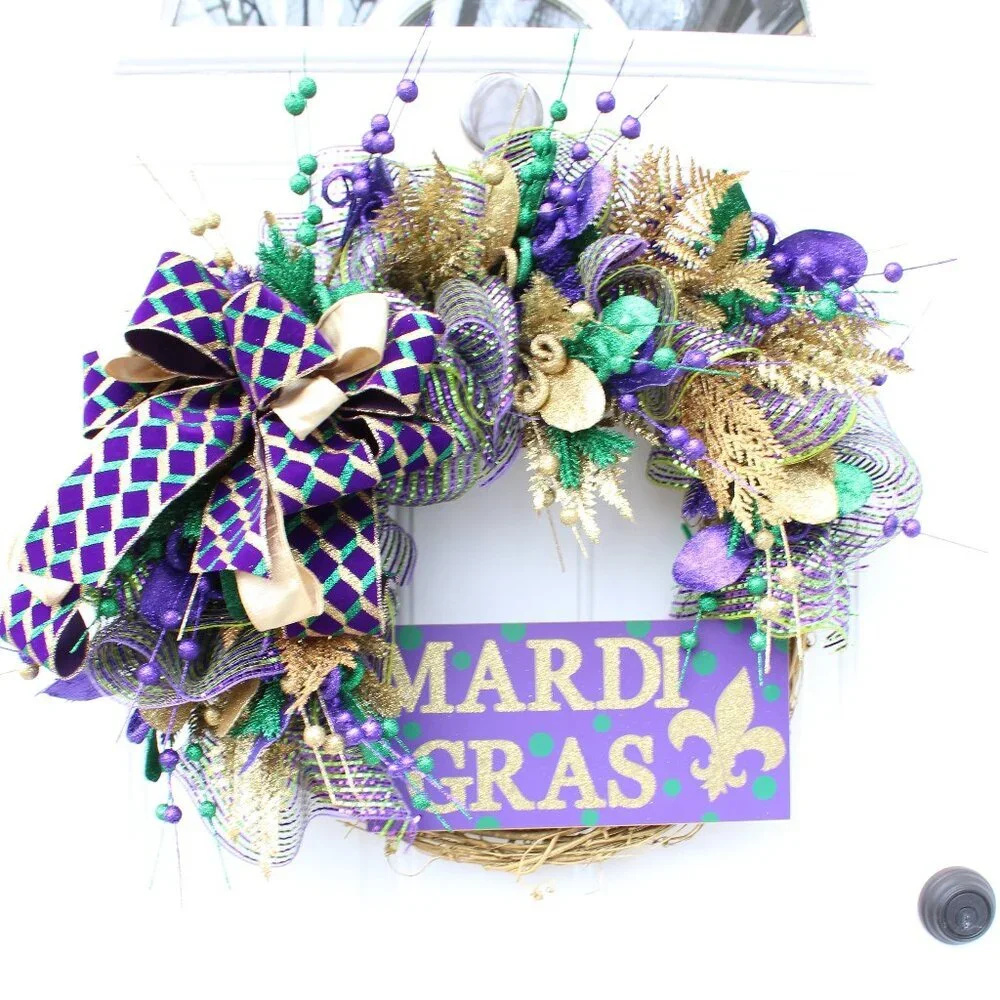 Fancy Mardi Gras Grapevine Wreath for Front Door, Fleur de Lis Decor, Gold Purpl